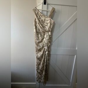 Adrianna Papell Asymmetric Metallic Mermaid Gown - Champagne Gold
